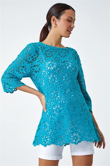 Blue Floral Cotton Crochet Top
