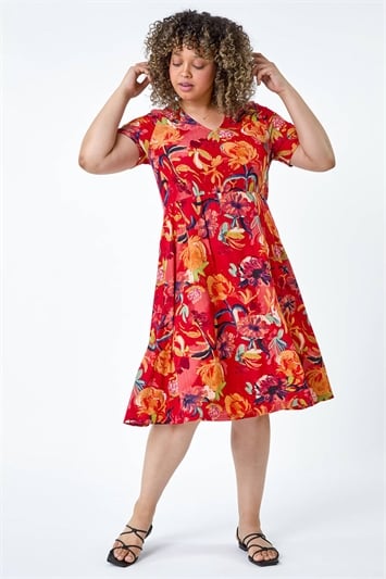 Red Curve Floral Print Stretch Jersey Dress