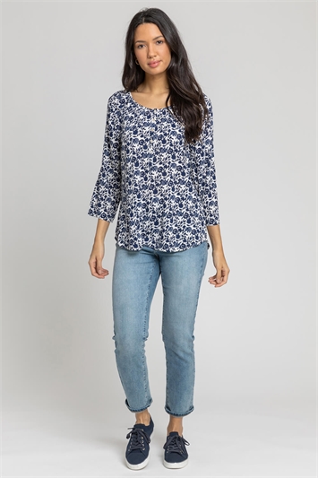 Navy Ditsy Floral Print Button Top, Image 3 of 4