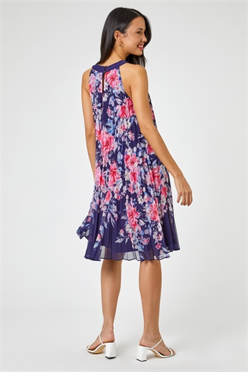 Navy High Neck Floral Print Pleated Swing Dress, Image 2 of 5