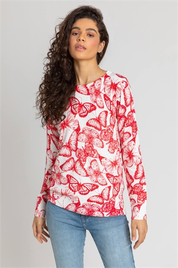 Red Butterfly Print Crew Neck Jumper