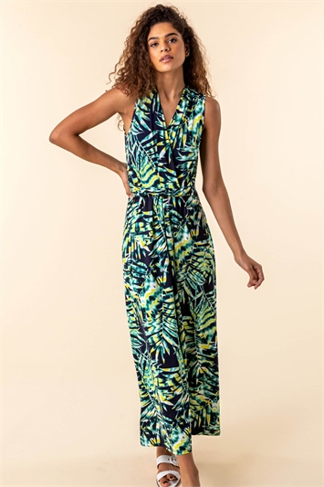 Navy Palm Print Twist Waist Maxi Dress, Image 3 of 4