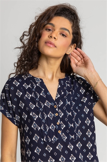 Navy Aztec Print Button Detail Top, Image 4 of 4
