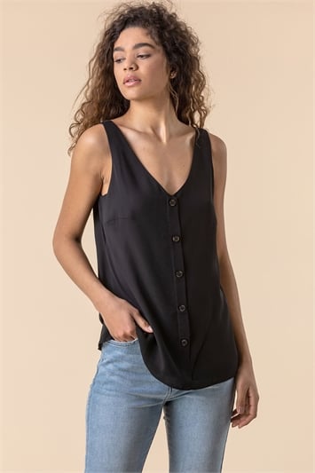 Black Button Front Sleeveless Top, Image 1 of 5