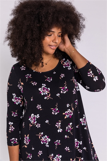 Black Curve Floral Print Tunic Top, Image 4 of 4