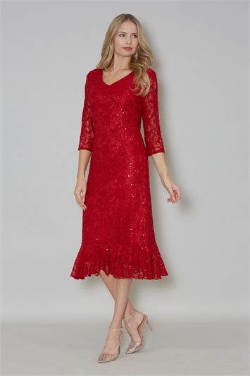 Red Julianna Sequin Frill Hem Midi Dress
