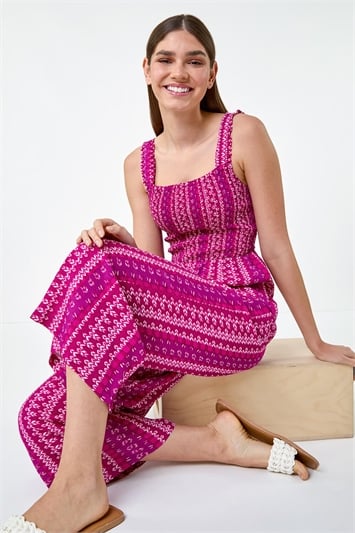 Pink Abstract Stripe Wide Leg Stretch Jumpsuit