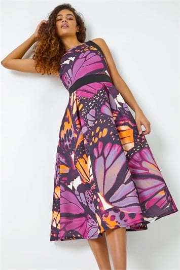 Purple Premium Stretch Butterfly Halterneck Dress