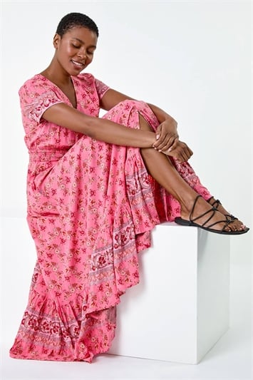 Pink Ditsy Floral Button Detail Maxi Dress