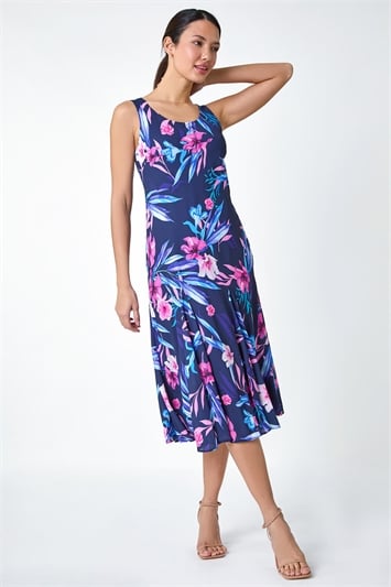 Blue Sleeveless Tropical Print Bias Midi Dress