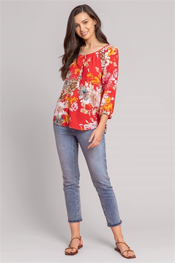 Red Bold Floral Print Button Top, Image 3 of 4