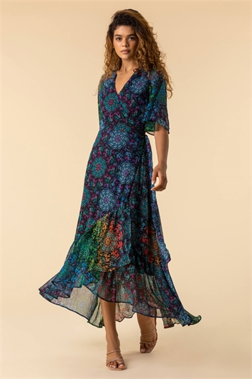 Multi Abstract Print Maxi Wrap Dress, Image 3 of 5