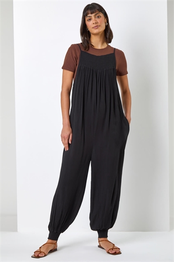 Black Strappy Full Length Shirred Jumpsuit, Image 1 of 5