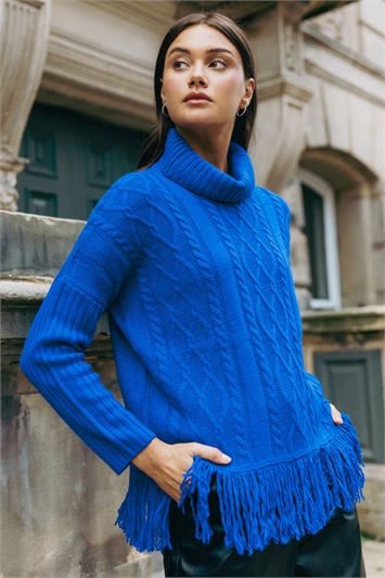 Blue Cable Knit Roll Neck Fringed Jumper
