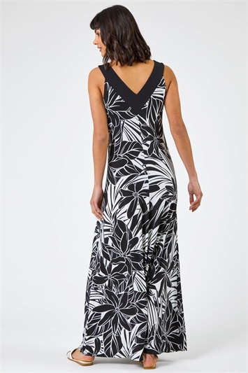 Black Floral Print Contrast Band Maxi Dress, Image 2 of 5