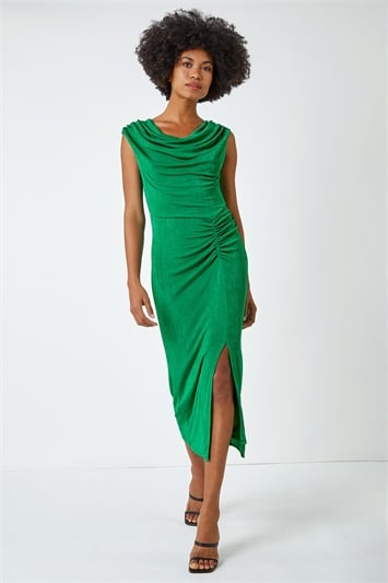Green Cowl Neck Ruched Midi Dress