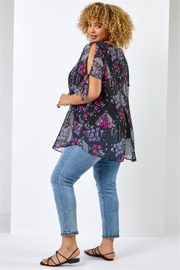 Black Curve Floral Print Chiffon Overlay Top, Image 2 of 5