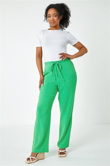 Green Petite Linen Elastic Waist Wide Leg Trouser
