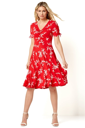 Red Floral V-Neck Short Sleeve Dress, Image 2 of 4