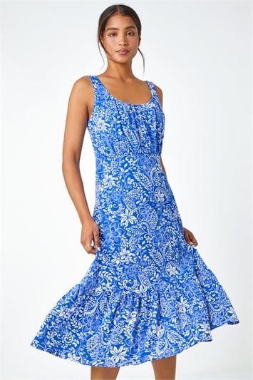 Blue Floral Frill Hem Stretch Midi Dress