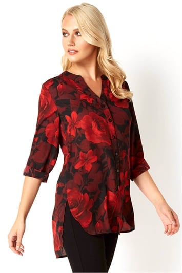 Red 3/4 Sleeve Rose Print Floral Button Up Blouse