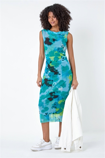 Blue Abstract Print Stretch Mesh Midi Dress