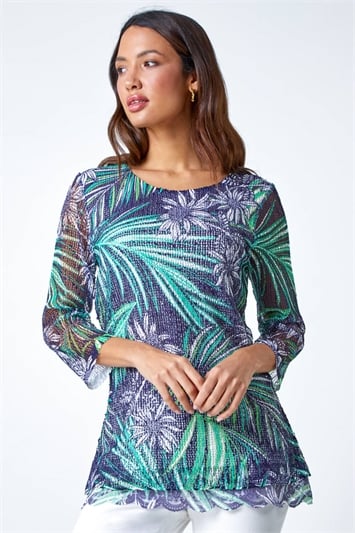 Blue Lace Trim Tropical Mesh Overlay Top