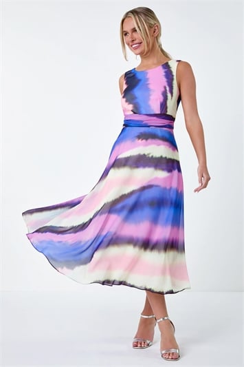 Purple Petite Sleeveless Abstract Print Midi Dress