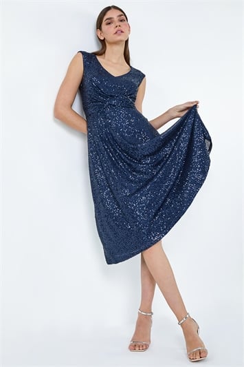 Blue Sequin Wrap Detail Midi Dress