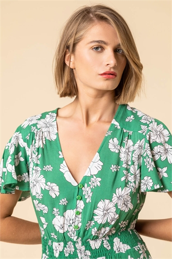 Green Floral Print Tiered Midi Dress, Image 4 of 5