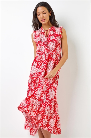 Red Ditsy Floral Print Frill Detail Maxi Dress, Image 1 of 5