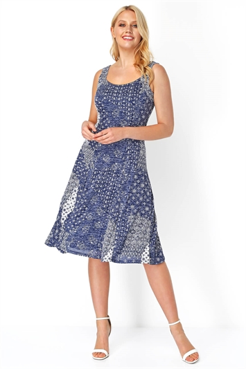 Blue Patchwork Print Fit And Flare Dress , Image 2 of 5