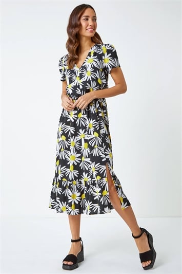 Yellow Daisy Print Blouson Midi Dress