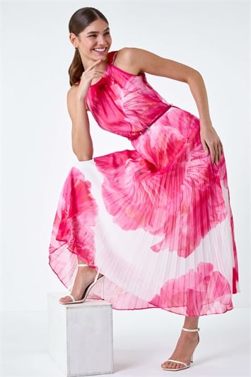 Pink Floral Pleated Halterneck Maxi Dress