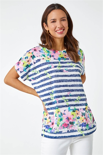 Blue Floral Border Print Stripe T Shirt