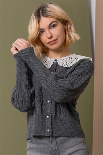 Grey Lace Collar Detail Knit Jumper