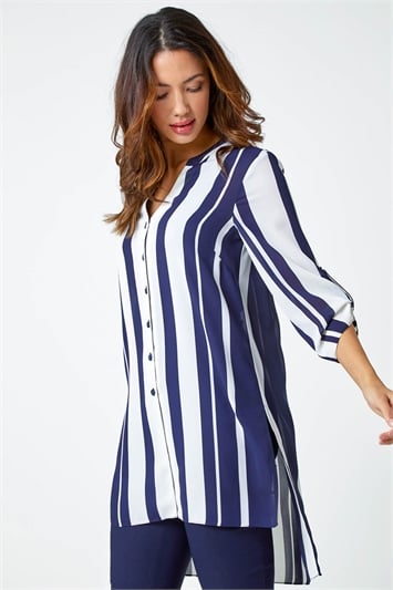 Blue Longline Stripe Print Shirt