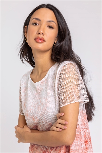Pink Sequin Mesh Overlay Floral Stretch Top, Image 4 of 4