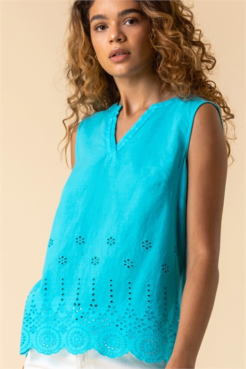 Teal Scalloped Broderie Cotton Top 