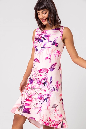 Pink Floral Print Frill Dipped Hem Dress, Image 5 of 5
