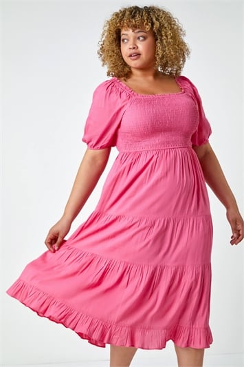 Pink Curve Shirred Tiered Midi Dress
