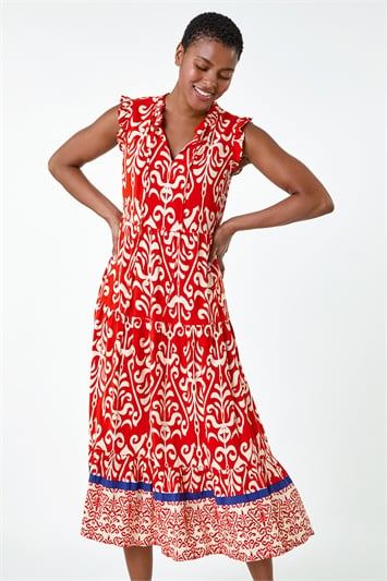 Red Border Print Tie Detail Tiered Dress