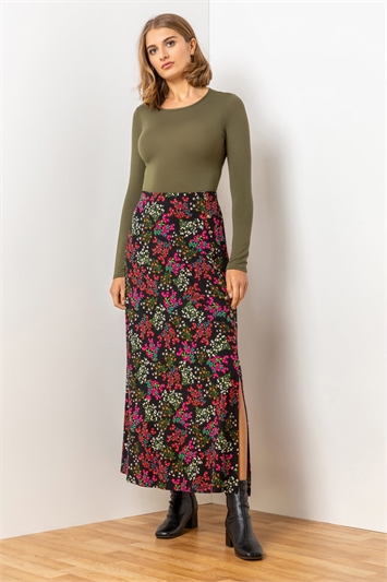 Multi Ditsy Floral Jersey Midi Skirt