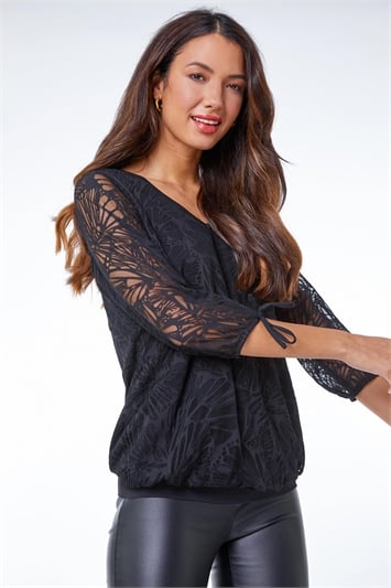Black Overlay Stretch Burnout Print Top, Image 1 of 5