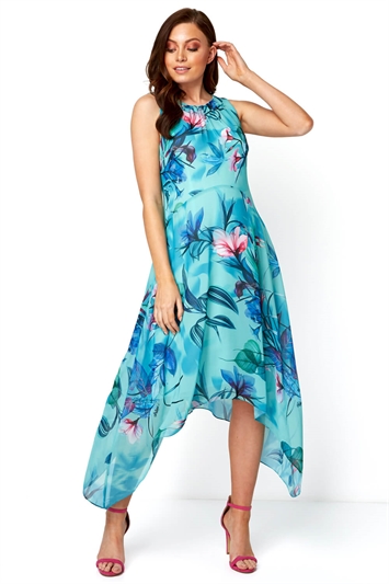 Turquoise Floral Chiffon Hanky Hem Midi Dress