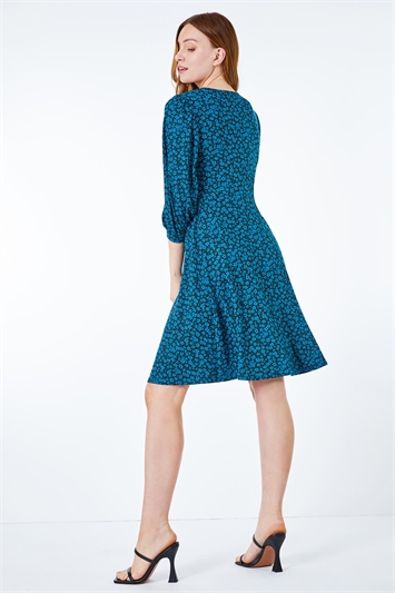 Teal Ditsy Floral Ruched Detail Dress , Image 3 of 5