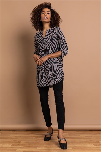 Taupe Zebra Print Button Tunic Top, Image 3 of 4
