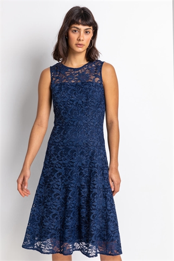 Navy Glitter Lace Fit & Flare Dress, Image 1 of 4