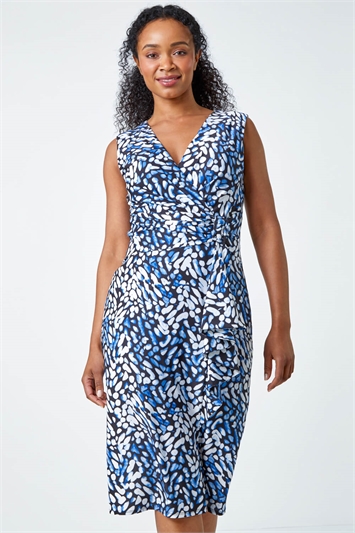 Blue Abstract Print Buckle Detail Midi Stretch Dress