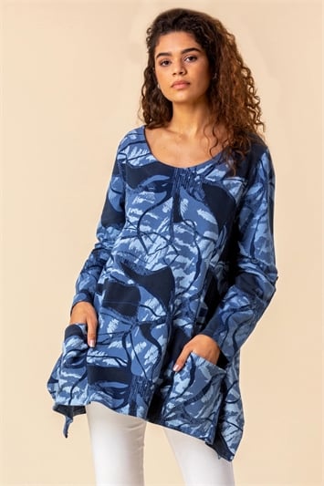 Denim Blue Abstract Print Tunic Top with Pockets